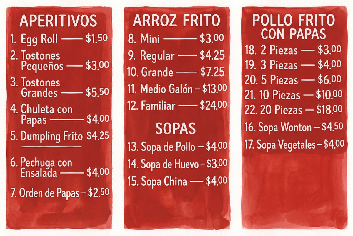 Three-column red Spanish menu: Aperitivos, Arroz Frito, Pollo Frito con Papas. Item 1 is Egg Roll, $1.50, listed with tostones and dumpling frito.