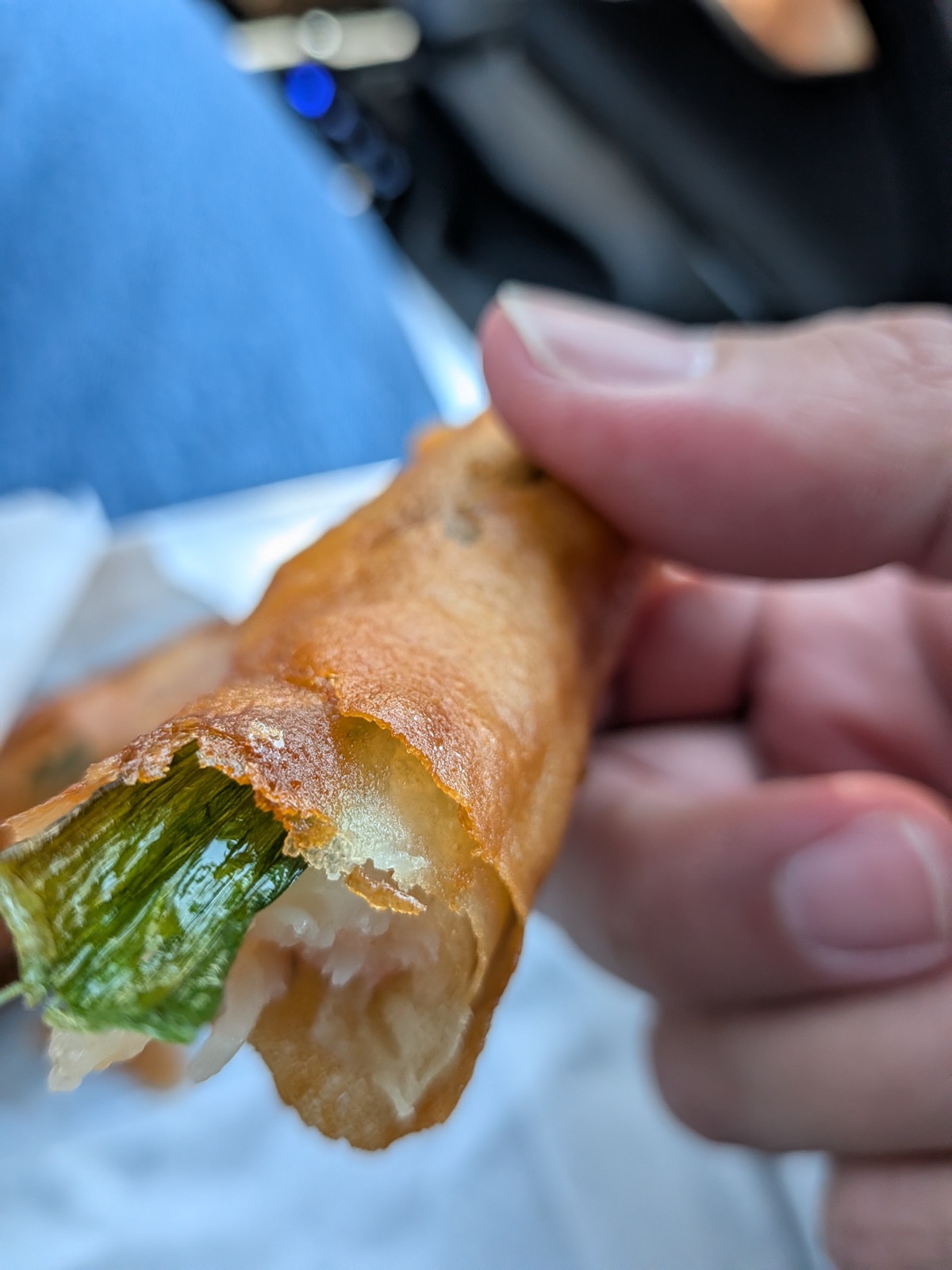 Parking lot shrimp egg roll, photographed in Austin, Texas.